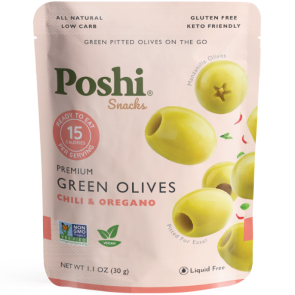 Poshi Premium Green Pitted Olives Chili & Oregano 1.1oz thumbnail