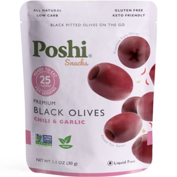 Poshi Olives Black Pitted Chili & Garlic 1.1oz thumbnail